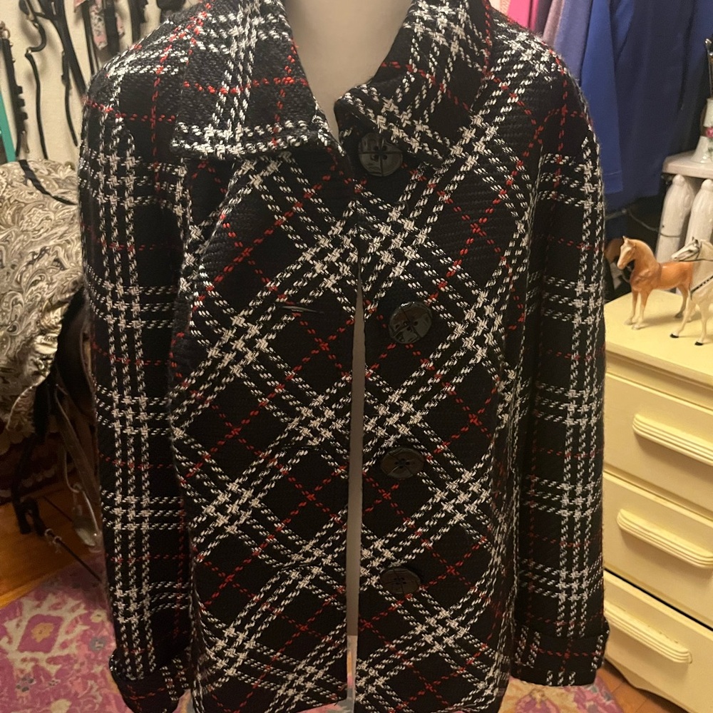 Chico's Black and White Plaid Pea Coat